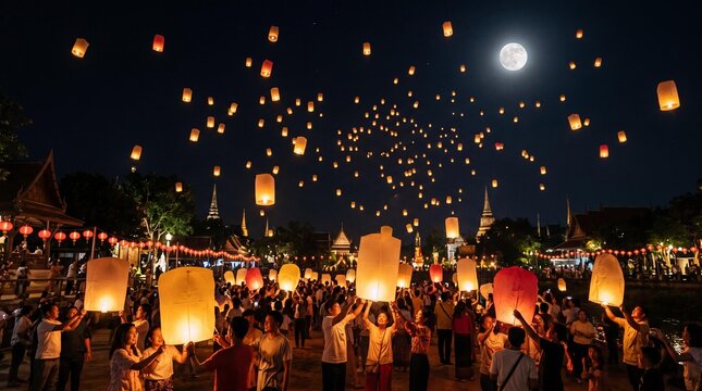 Crowds of People Releasing Sky Lanterns During Yi Peng Festival in Thailand