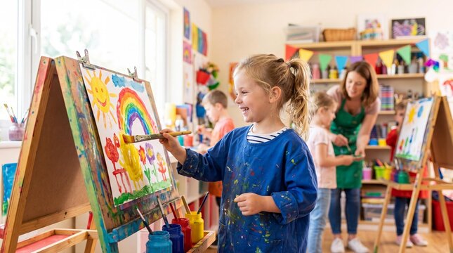 Happy little girl painting a colorful rainbow on an easel in art class