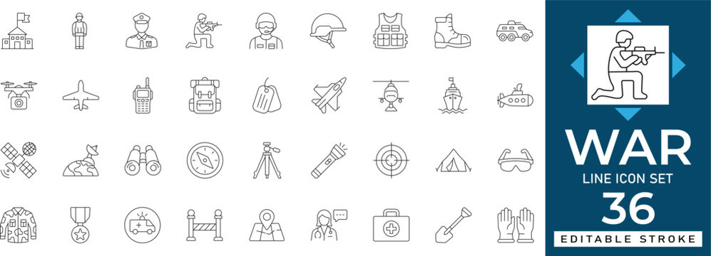 War line icon set featuring military conflict, battlefield combat, weapons, defense armor, and tactical army equipment. Professional editable outline vector illustration for history app