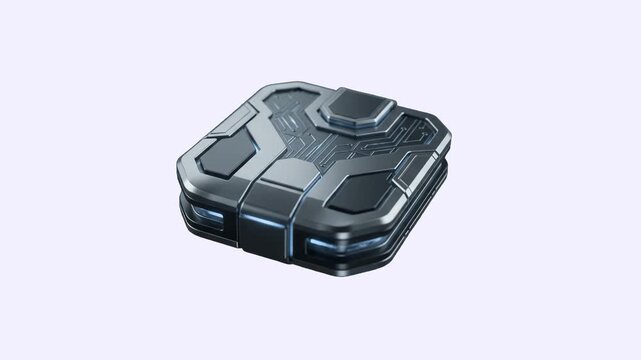 A detailed 3D asset of a secure, dark metallic sci-fi hardware cryptocurrency wallet or blockchain security key rotating in a 360-degree loop. Placed against a clean, solid white backdrop for financia