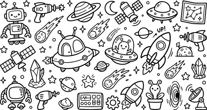 espacio, dibujo animado, contorno, ilustraci&oacute;n de arte lineal dibujada a mano, p&aacute;gina para colorear para ni&ntilde;os