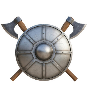 Viking shield with crossed battle axes icon isolated on transparent background