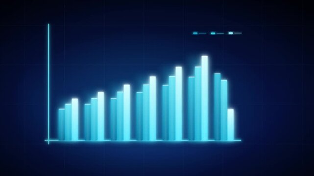 Animated cyan column chart builds into a rising data graph on dark blue grid