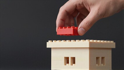 Fototapeta premium Hand places red LEGO brick atop beige structure, symbolizing growth or construction.