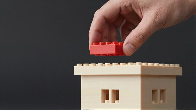 Hand places red LEGO brick atop beige structure, symbolizing growth or construction.
