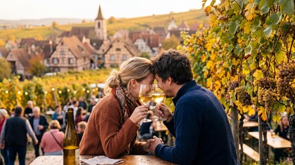 Obraz premium Romantic Couple Toasting with Wine at an Alsace Harvest Festival in France