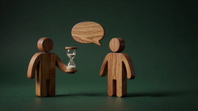 Wooden figures converse, one holding an hourglass between them.