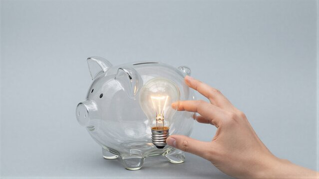 Hand holds glowing light bulb inside transparent piggy bank, symbolizing savings and smart energy choices.
