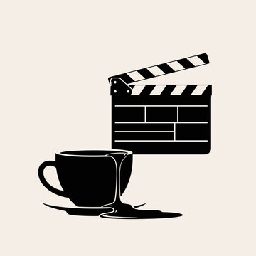 Movie clapperboard and spilled coffee cup silhouette