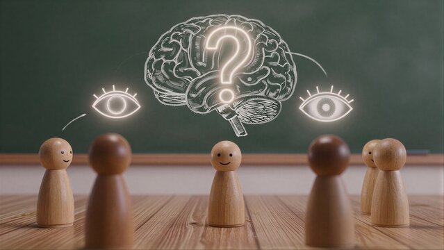 Wooden figures gaze at chalkboard brain and eye, symbolizing thought and perception.
