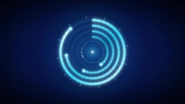 Concentric cyan progress rings fill clockwise on a dark blue technology interface