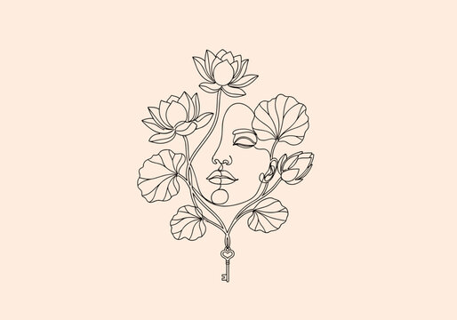 Female face surrounded by lotus flowers and heart key line art
