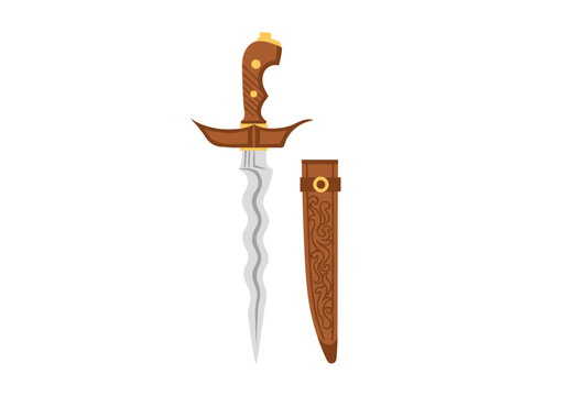 Traditional keris dagger with wavy blade and wooden sheath