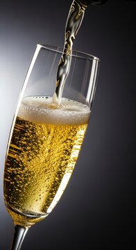 Close-up of golden sparkling wine being poured into a single tall flute glass against a plain dark background, showing effervescence, champagne, spirit, liquid