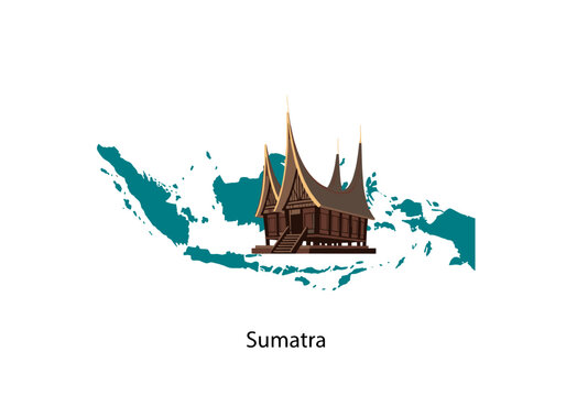 Sumatra island map with traditional rumah gadang architecture