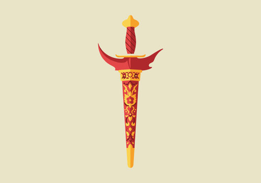 Ornate ceremonial keris dagger with red and gold scabbard