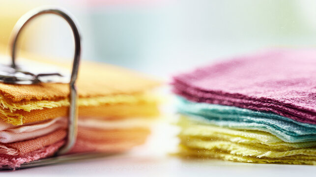 Fabric swatch palette metal binder ring linen fabric cotton fabric textile texture frayed edge macro close up stack of swatch color sample white desk
