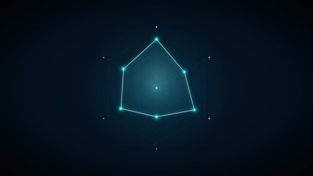 Cyan radar chart draws a five-axis data profile on a dark blue interface