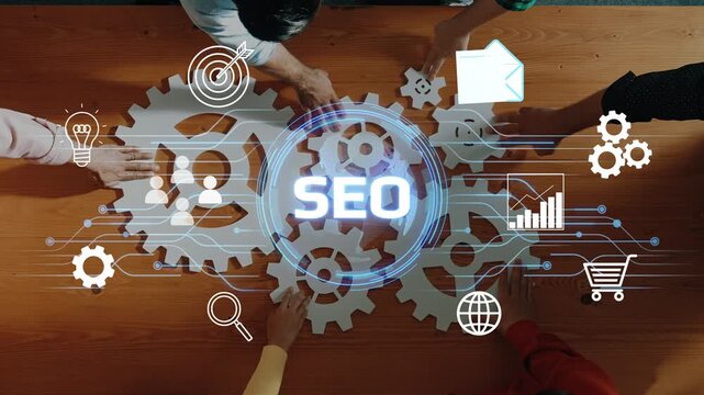 Team Collaboration for Effective SEO Strategy, Showcasing Digital Marketing Concepts with Gears and Icons Representing Growth and Optimization. Entropy.