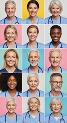 Fototapeta premium A multi-ethnic collage of faces in social care roles with compassionate expressions, highlighting unity and collective community support, kindness, heartfelt, outreach