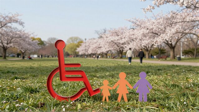 Cherry blossoms bloom behind colorful paper cutouts of people in a park.