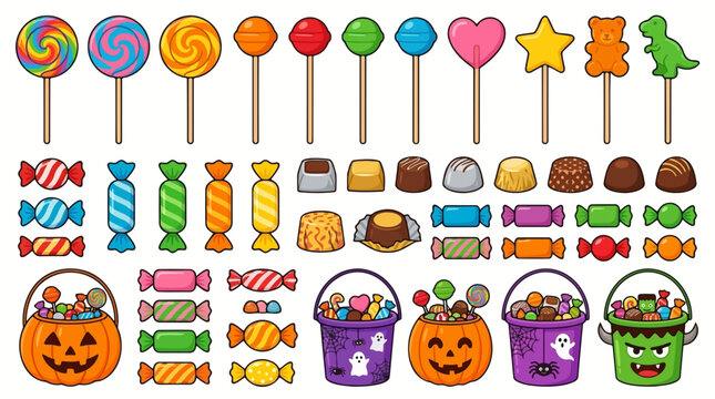 Set of Colorful Sweet Candies Lollipops and Halloween Treat Buckets for Celebration