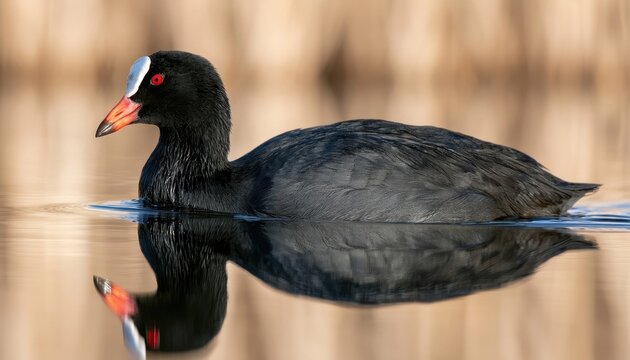 A black coot swimming on calm water with a distinctive white beak and red eyes