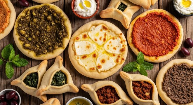 Assorted Middle Eastern Flatbreads and Dips on Wooden Table.