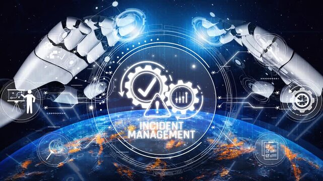 Futuristic Robotic Hands Symbolizing Incident Management Over a Global Digital Network with Symbols of Technology, Data, and Analysis Sigmoid