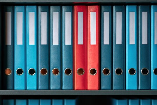 A row of colorful office binders on a shelf, including red and blue ones, for organizing documents