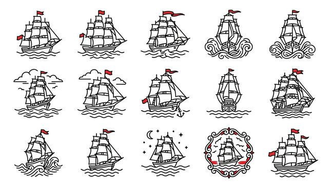 Vintage Sailing Ships Collection: Nautical Line Art