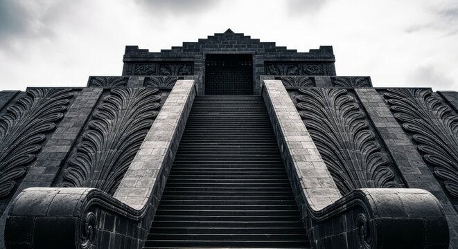 Majestic ebony ziggurat gate with plume textures, ascending in stepped architectural tiers toward a cloudy sky, dark stone monumental portal, monolithic, obsidian, upward