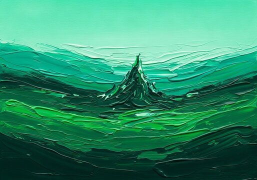 An abstract hand-painted landscape featuring deep forest greens and jade tones with intricate layered brushwork and natural granulation effects, mottled, strokes, background