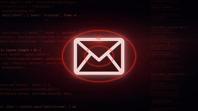 Malicious email alert repeats with a red skull above an envelope on programming code