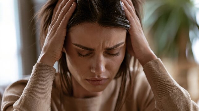 A stressed woman with long dark hair holding her head in frustration