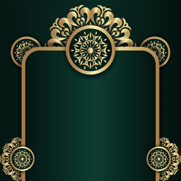 Mandala ornament border design on emerald green backdrop for invitation