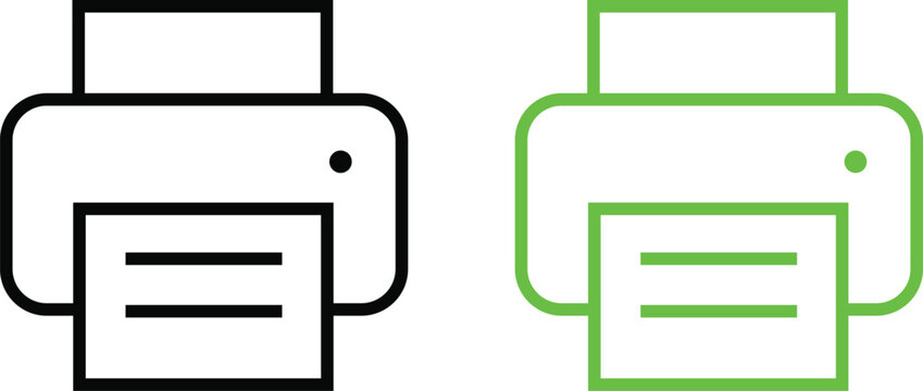 Simple line icons of two printers one black and one green on white background