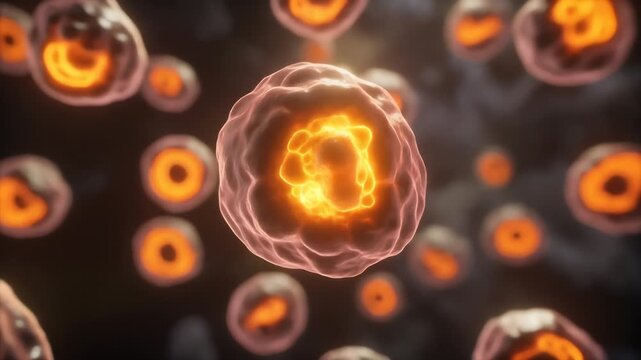 Close-up view of translucent spherical cells with glowing orange nuclei, suspended in a dark fluid. Each cell shows membranes, granular texture, and reflections, suggesting microscopic biology. Too!!
