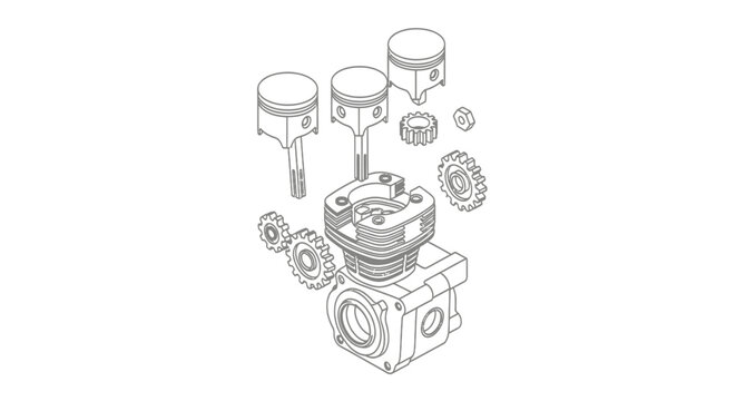 Internal combustion engine components with pistons and gears