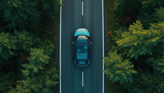 Electric car travels along a winding forest road as seen from a high altitude aerial perspective.