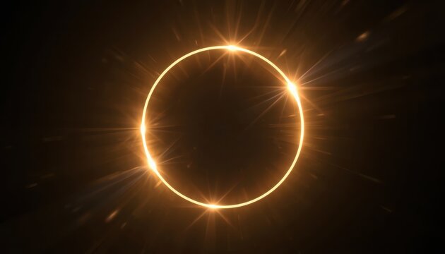 Glowing golden ring shines with brilliant lens flares against a deep black background.