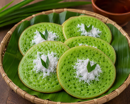 Traditional Green Serabi Cake on Banana Leaf with Coconut Topping