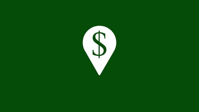 Animation  White Map Pin Dollar Sign Icon on Dark Green Background Motion Graphic for Money Location, ATM Finder, Bank Navigation, Finance, and Interface 4k stock  video.