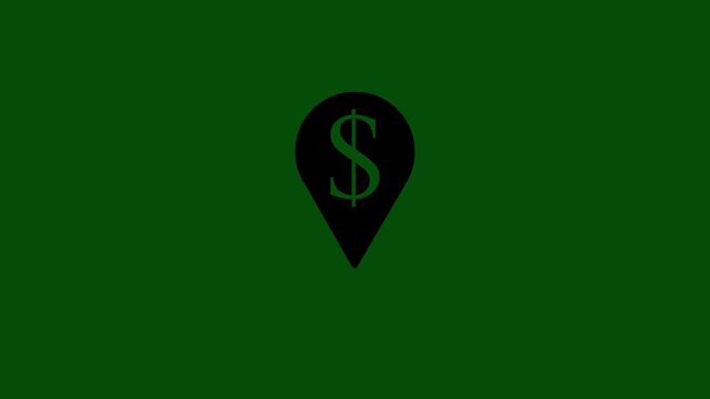 Animation  Black  Map Pin Dollar Sign Icon on Dark Green Background Motion Graphic for Money Location, ATM Finder, Bank Navigation, Finance, and Interface 4k stock  video.