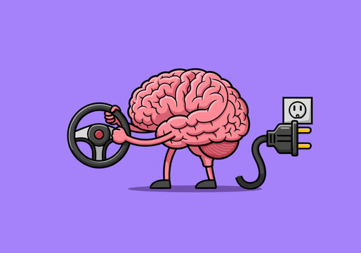 Brain character driving steering wheel while being unplugged