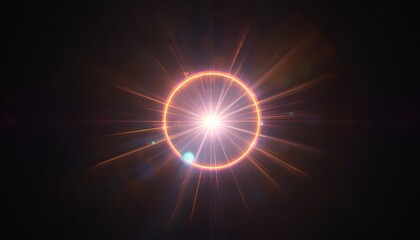 Fototapeta premium Bright lens flare radiates from a central glowing circle, casting sharp light beams into the darkness.