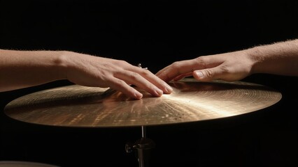 Obraz premium Two hands gently touch golden cymbals against a dark background.