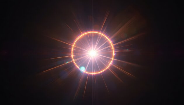 Bright lens flare radiates from a central glowing circle, casting sharp light beams into the darkness.