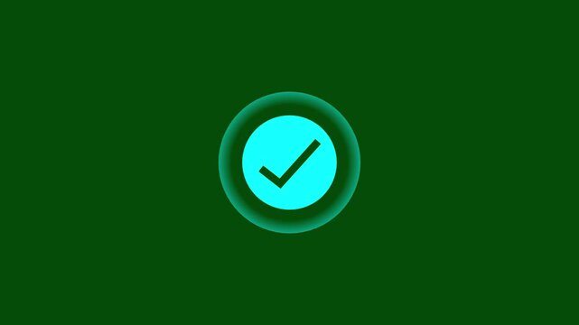 Glowing green checkmark icon animation with pulsing radio waves on green screen background. Right mark tick icon loop, correct answer validation button animation, green screen 4k stock video.