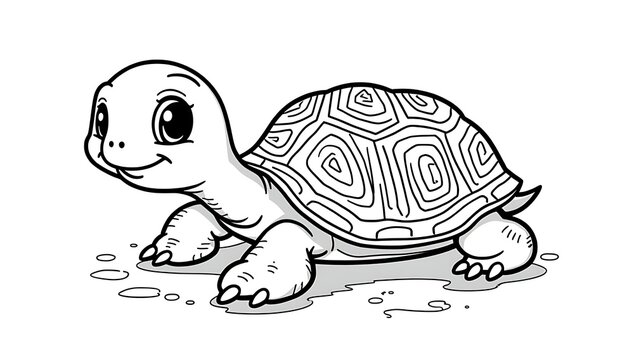 Cute cartoon turtle with intricate shell pattern in black and white